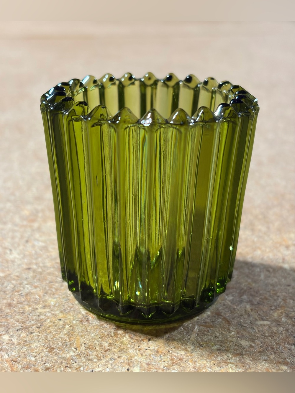 Vintage Avocado Olive Green Ribbed Glass Votive Candle Holder Scalloped Retro